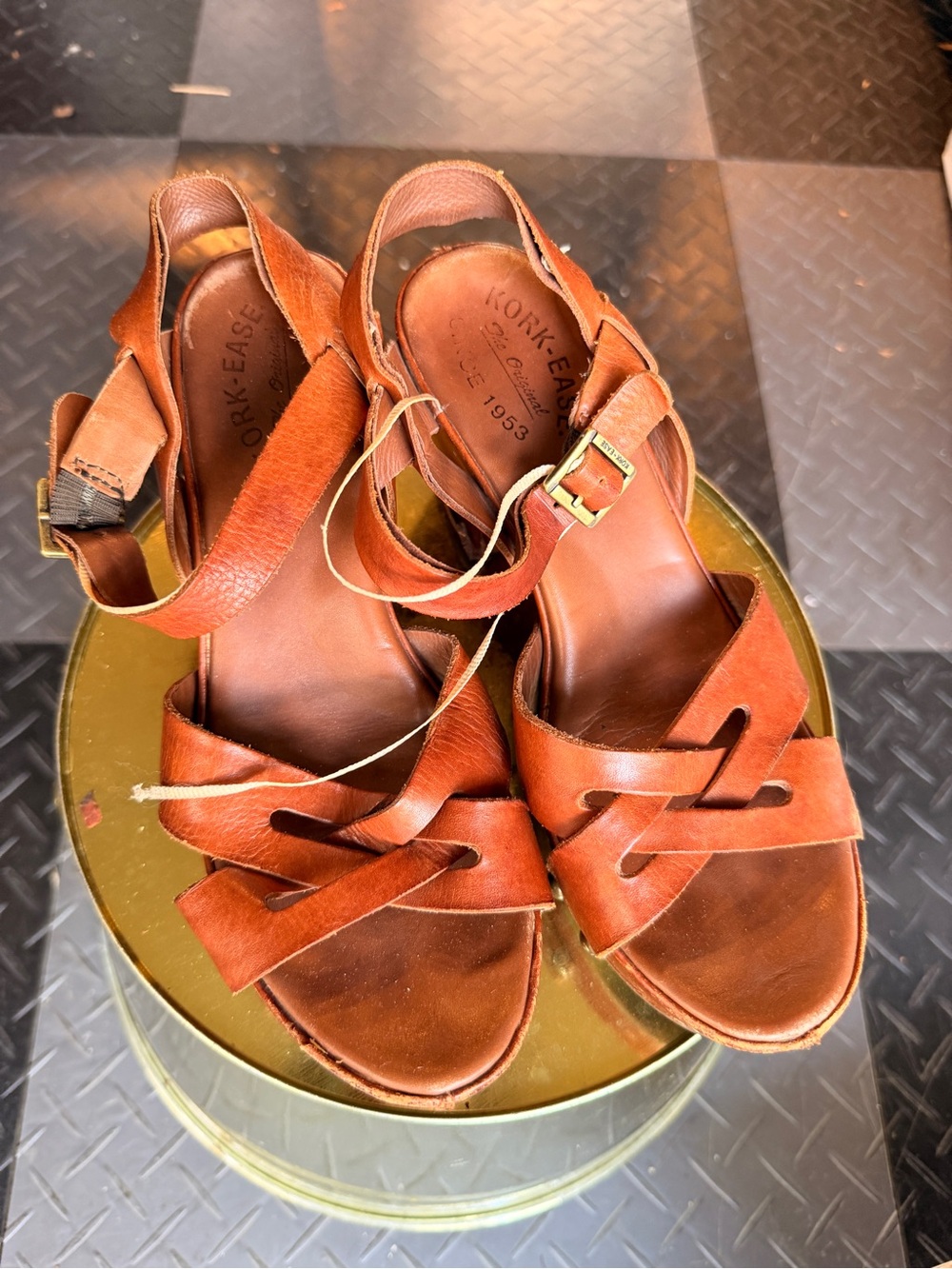 Kork-Ease Women's Cognac Brown Leather Wedge Sandals
